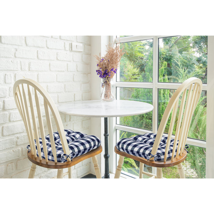 Check Tufted Chair Seat Cushions - Set of 2 with Stain-Repellent Poly-Cotton Fabric - Navy