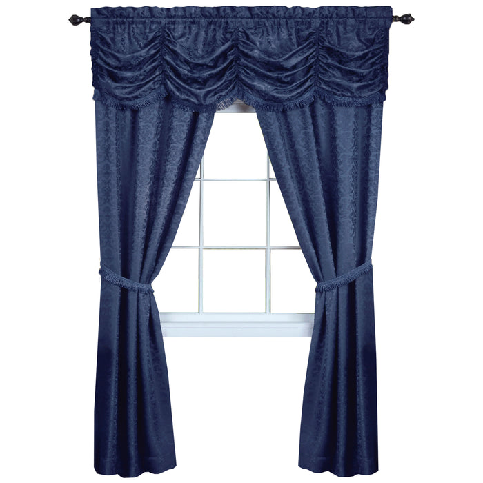 Panache 5 Piece Window Curtain Set - Austrian Valance, Damask Jacquard Fabric & Fringe - Navy - 55x84