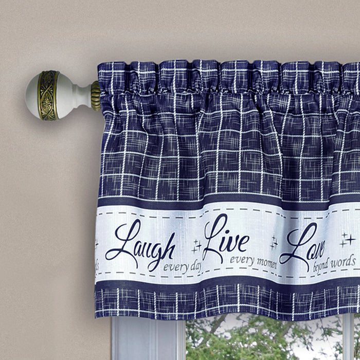 Window Curtain Valance - Live, Love, Laugh - Polyester Fabric - Easy Installation - Machine Washable - Navy