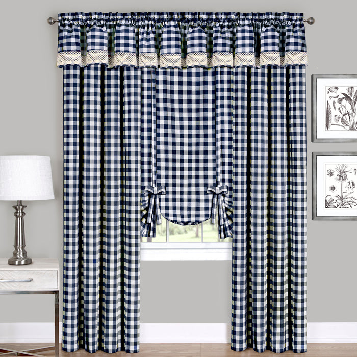 Buffalo Check Window Curtain Panel, 42 Inches Width, Light Filtering, Easy-Care Blend, Sold Separately - Navy - 42x84