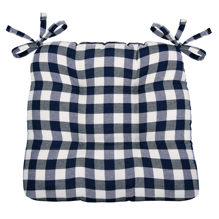 Check Tufted Chair Seat Cushions - Set of 2 with Stain-Repellent Poly-Cotton Fabric - Navy