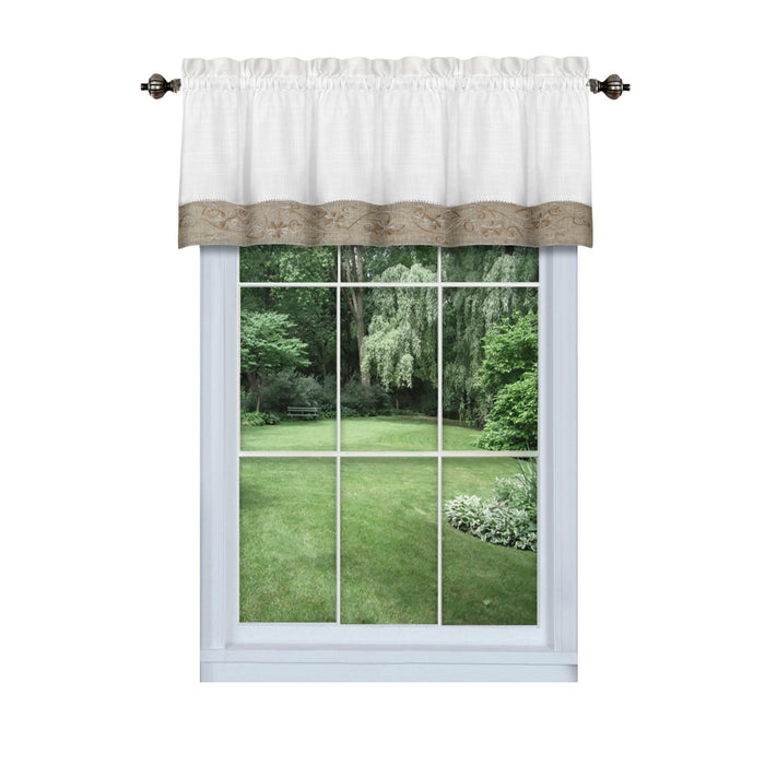 Oakwood Window Curtain Valance - Natural Linen Look with Floral Embroidery