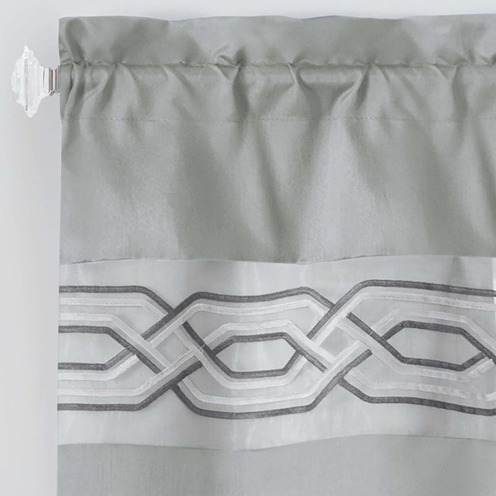 Grey window curtain valance with geometric pattern, featuring a 1.5-inch rod pocket for easy hanging. Made from light-filtering polyester.