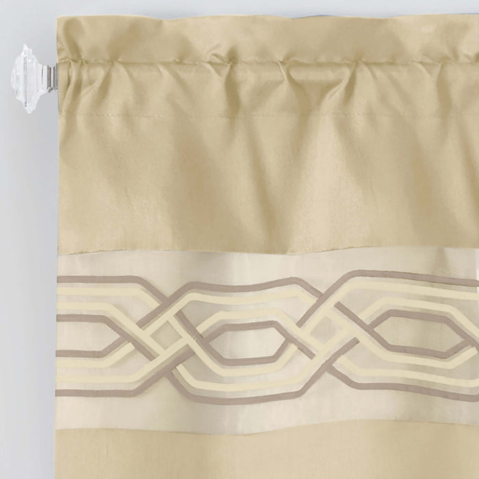 Beige window curtain valance with geometric pattern, 55x13 inches, light-filtering polyester fabric, 1.5-inch rod pocket.