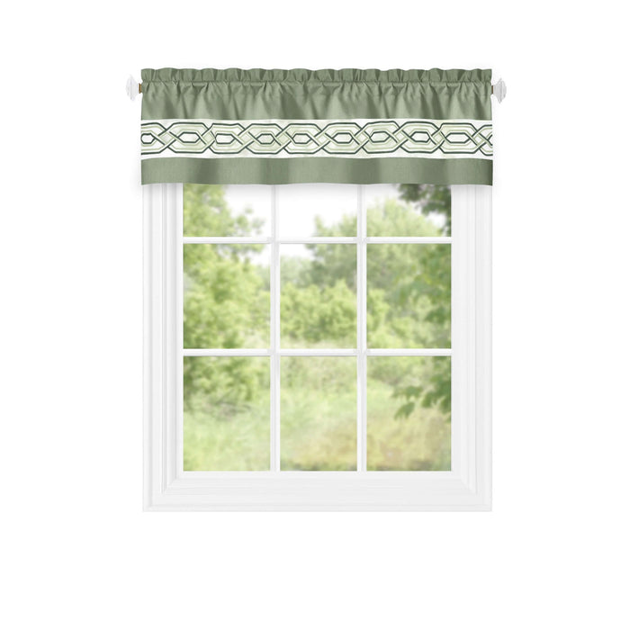 Green window curtain valance with geometric pattern, 55x13 inches, featuring 1.5-inch rod pocket for easy hanging, light filtering, 100% polyester