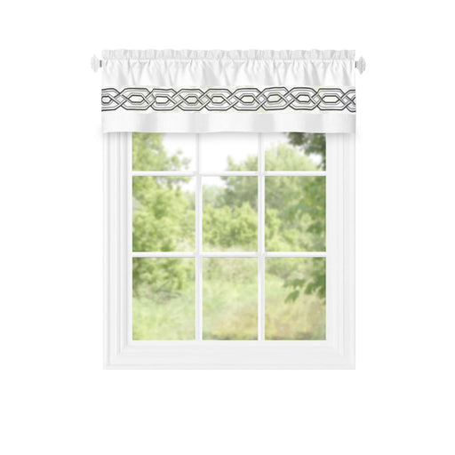 Window Curtain Valance 55x13 with 1.5-inch rod pocket, light filtering, machine washable, 100% polyester, white with geometric border design.