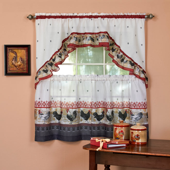 Printed Tier and Swag Window Curtain Set - 57x24 - Print Rooster - Burgundy