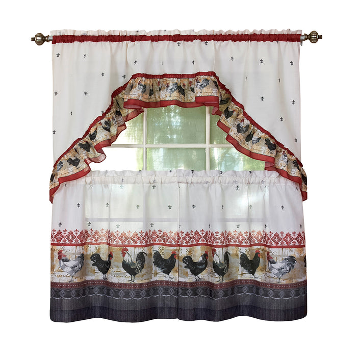 Printed Tier and Swag Window Curtain Set - 57x24 - Print Rooster - Burgundy