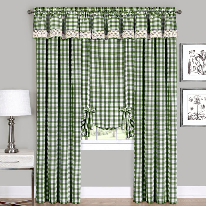 Buffalo Check Window Curtain Tie Up Shade, 42 Inches Wide, Light Filtering Effect, Easy Care Blend - Sage