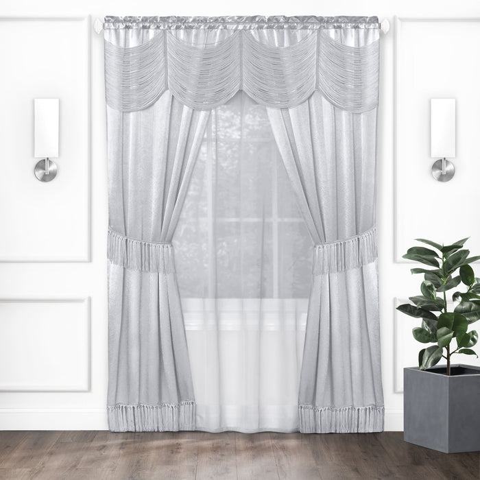 Halley 6 Piece Window Curtain Set with Rod Pockets - Soft and Stylish Polyester Curtains with Tassel Detailing and Tiebacks - Budget-Friendly Household Textiles - Silver - 56x63