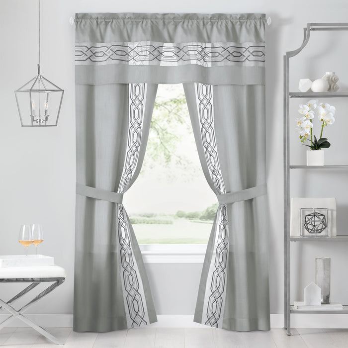 Paige 5 Piece Window Curtain Set - Valance, Panels, and Tie Backs Included - Silver - 55x63