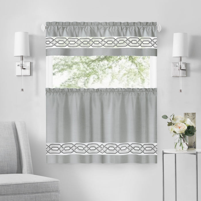 Paige Tier and Valance Window Curtain Set - Complete Ensemble with 58-Inch Width - Silver - 55x36