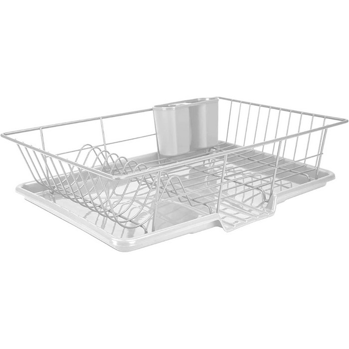 Extra Large 3 Piece Dish Rack Sink Set with Removable Drainboard & Utensil Holder - Heavy Duty Coated Wire - 19" x 12" x 5" - Silver