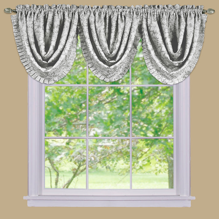 Sutton Waterfall Valance - Soft Damask Fabric, 1.5 Inch Rod Pocket, Machine Washable Polyester Material - Curtains - Silver