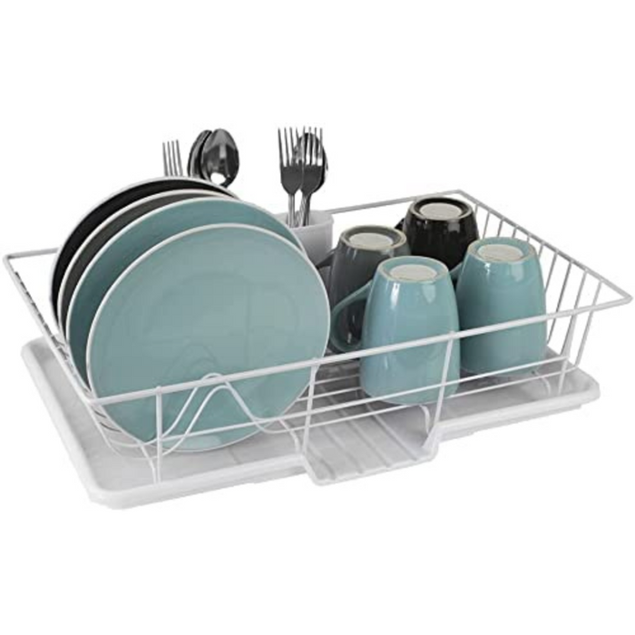 Extra Large 3 Piece Dish Rack Sink Set with Removable Drainboard & Utensil Holder - Heavy Duty Coated Wire - 19" x 12" x 5" - Silver