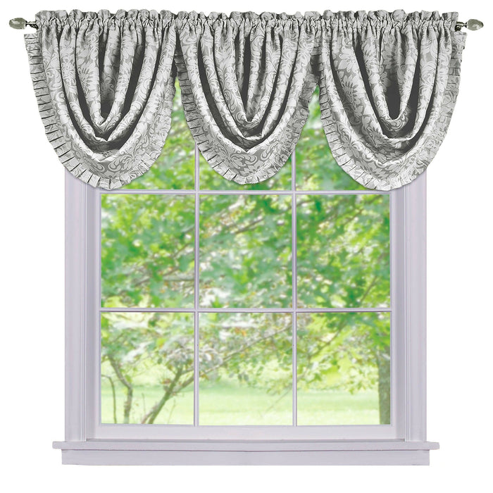 Sutton Waterfall Valance - Soft Damask Fabric, 1.5 Inch Rod Pocket, Machine Washable Polyester Material - Curtains - Silver