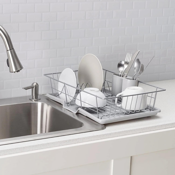 Extra Large 3 Piece Dish Rack Sink Set with Removable Drainboard & Utensil Holder - Heavy Duty Coated Wire - 19" x 12" x 5" - Silver