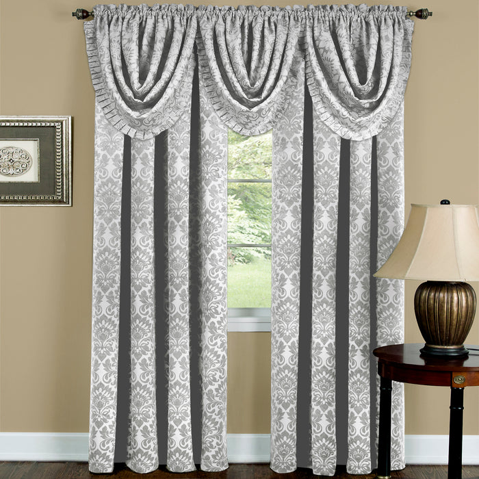 Sutton Waterfall Valance - Soft Damask Fabric, 1.5 Inch Rod Pocket, Machine Washable Polyester Material - Curtains - Silver