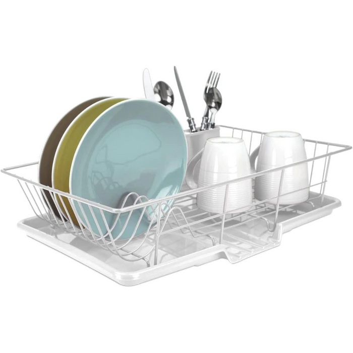 Extra Large 3 Piece Dish Rack Sink Set with Removable Drainboard & Utensil Holder - Heavy Duty Coated Wire - 19" x 12" x 5" - Silver