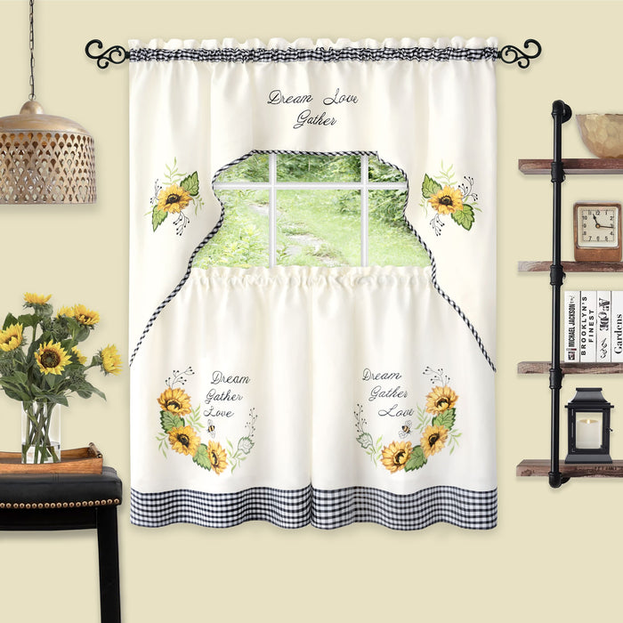 Embellished Tier and Swag Curtain Set - Sunflower Picnic, 58x36 Inches with Custom Fit Tiers - 58x36