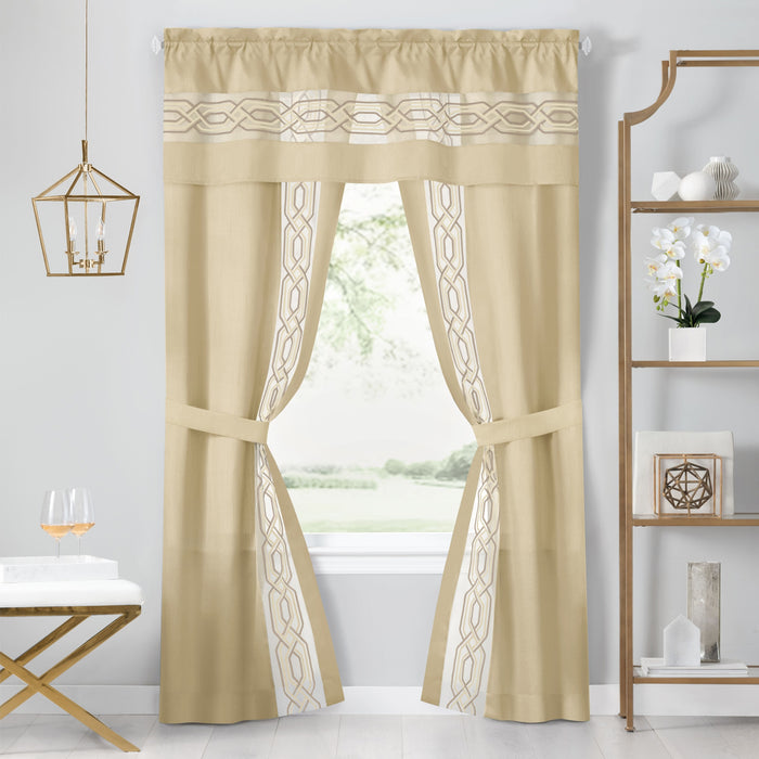 Paige 5 Piece Window Curtain Set - Valance, Panels, and Tie Backs Included - Tan - 55x84