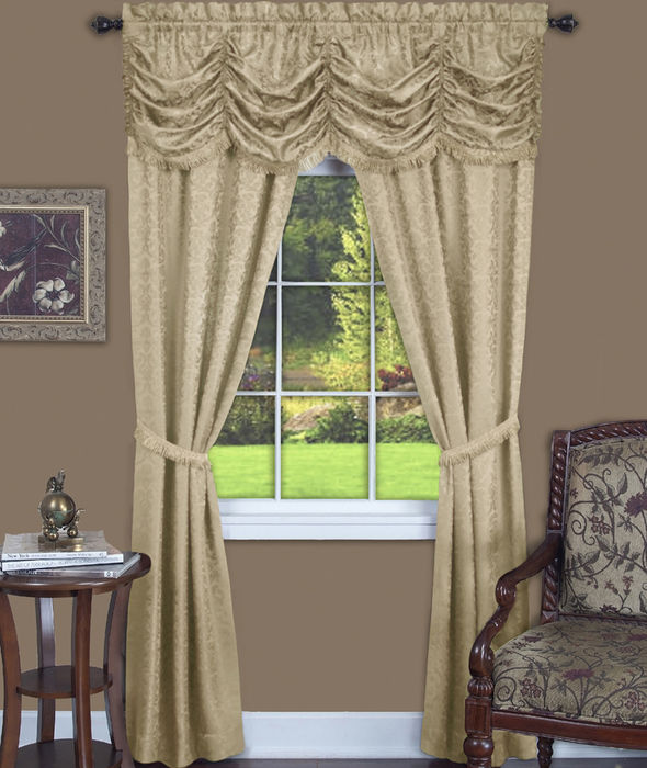 Panache 5 Piece Window Curtain Set - Austrian Valance, Damask Jacquard Fabric & Fringe - Tan - 55x84