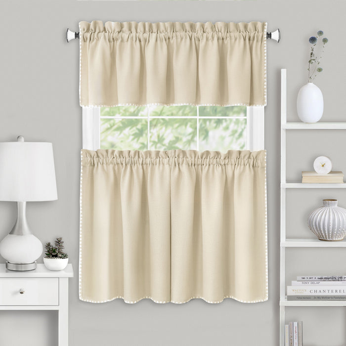 Kendal Tier and Valance Window Curtain Set - Complete Ensemble with 58-Inch Width - Tan/White - 58x36