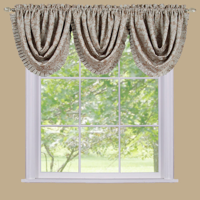 Sutton Waterfall Valance - Soft Damask Fabric, 1.5 Inch Rod Pocket, Machine Washable Polyester Material - Curtains - Tan