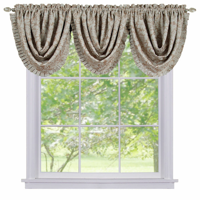 Sutton Waterfall Valance - Soft Damask Fabric, 1.5 Inch Rod Pocket, Machine Washable Polyester Material - Curtains - Tan