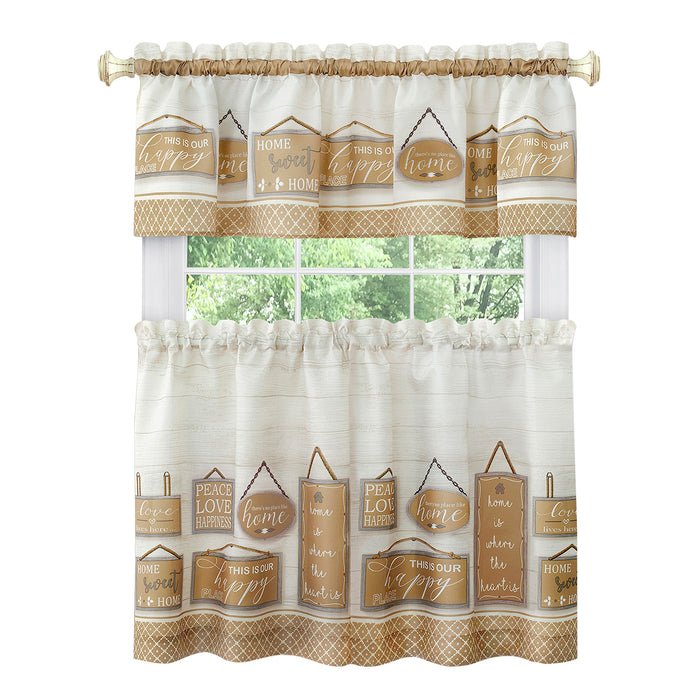 Modern Farmhouse Tier and Valance Set with Wood Textured Design and Cute Love Signs - Window Curtains, 58x13 inches - Tan - 58x24