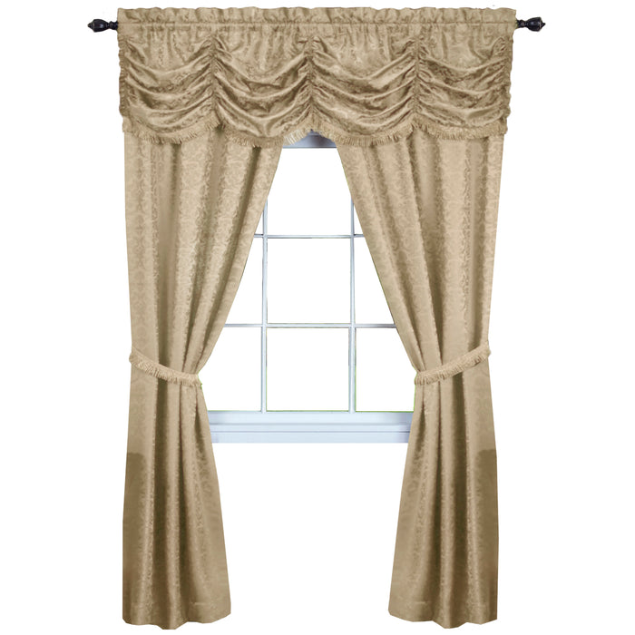 Panache 5 Piece Window Curtain Set - Austrian Valance, Damask Jacquard Fabric & Fringe - Tan - 55x84