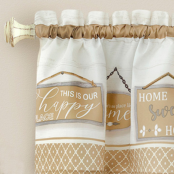 Modern Farmhouse Tier and Valance Set with Wood Textured Design and Cute Love Signs - Window Curtains, 58x13 inches - Tan - 58x24