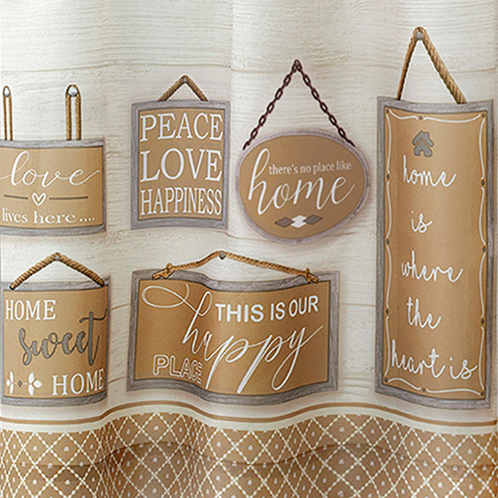 Modern Farmhouse Tier and Valance Set with Wood Textured Design and Cute Love Signs - Window Curtains, 58x13 inches - Tan - 58x24