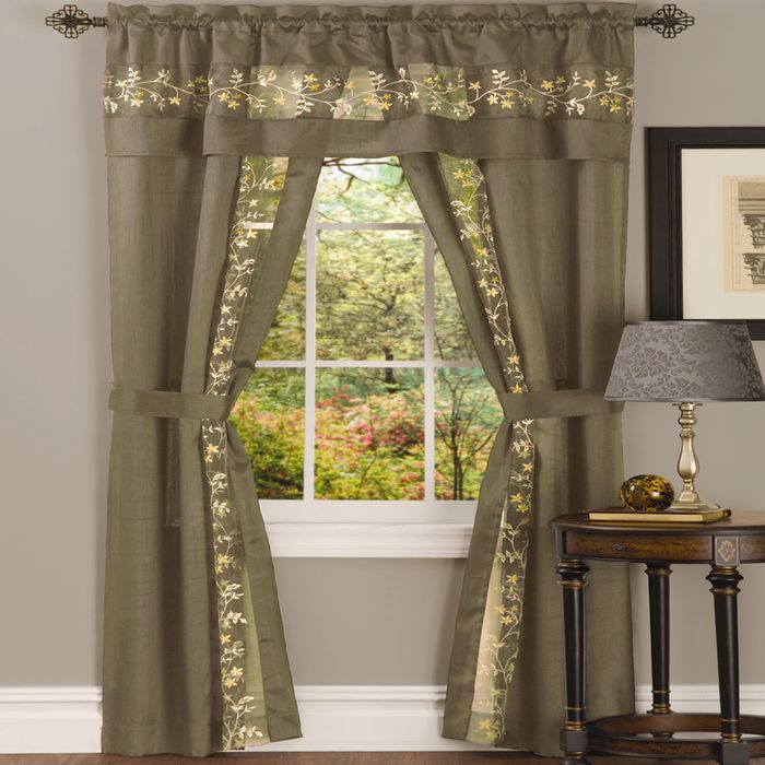 Fairfield 5 Piece Window Curtain Set with Embroidered Sheer Stripe and Attached Valance - Taupe - 55x84