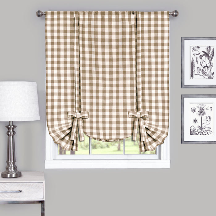 Buffalo Check Window Curtain Tie Up Shade, 42 Inches Wide, Light Filtering Effect, Easy Care Blend - Taupe