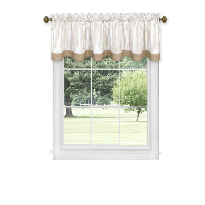 Westport Window Curtain Valance - Double Layer Scalloped Look with Pinstripes and Geometric Flower Accents - Taupe