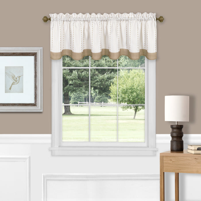 Westport Window Curtain Valance - Double Layer Scalloped Look with Pinstripes and Geometric Flower Accents - Taupe