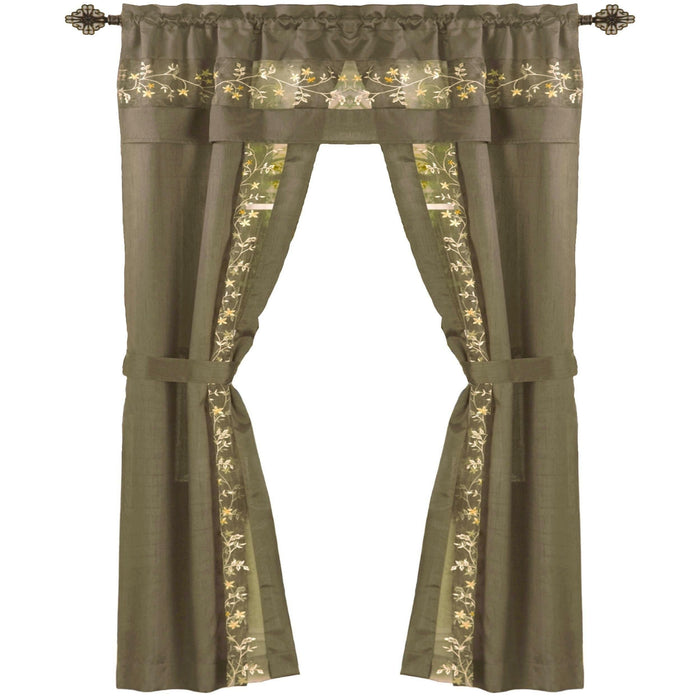 Fairfield 5 Piece Window Curtain Set with Embroidered Sheer Stripe and Attached Valance - Taupe - 55x84