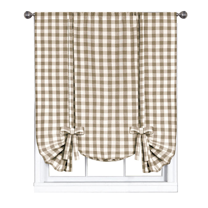 Buffalo Check Window Curtain Tie Up Shade, 42 Inches Wide, Light Filtering Effect, Easy Care Blend - Taupe