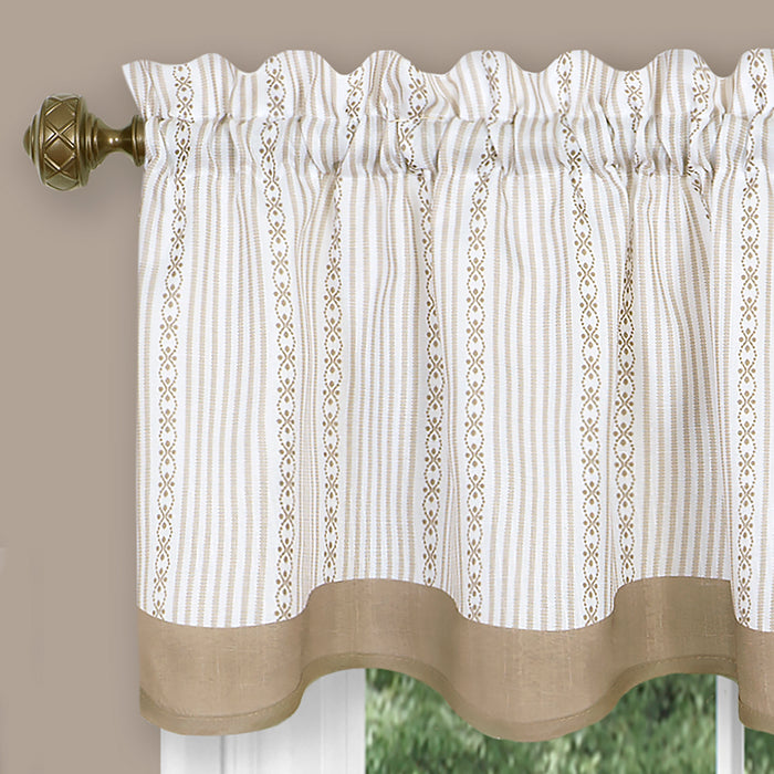 Westport Window Curtain Valance - Double Layer Scalloped Look with Pinstripes and Geometric Flower Accents - Taupe