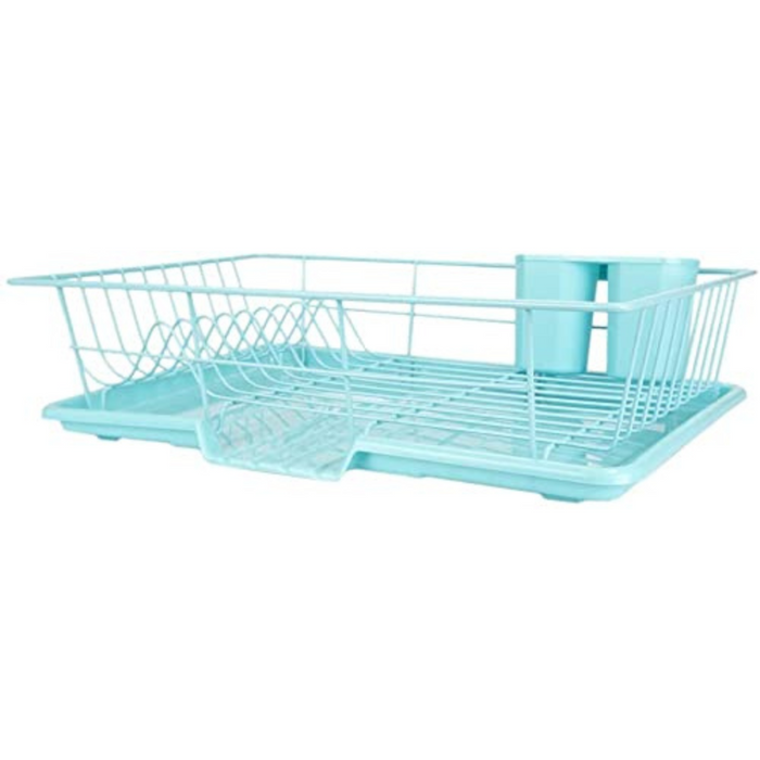 Extra Large 3 Piece Dish Rack Sink Set with Removable Drainboard & Utensil Holder - Heavy Duty Coated Wire - 19" x 12" x 5" - Turquoise