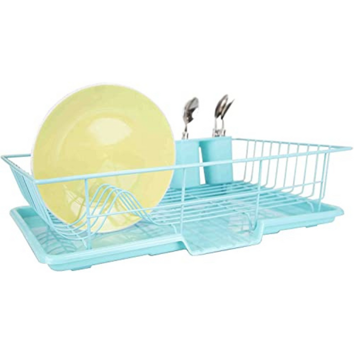 Extra Large 3 Piece Dish Rack Sink Set with Removable Drainboard & Utensil Holder - Heavy Duty Coated Wire - 19" x 12" x 5" - Turquoise