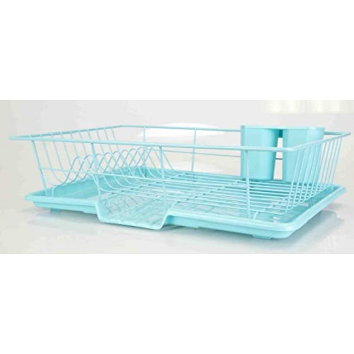 Extra Large 3 Piece Dish Rack Sink Set with Removable Drainboard & Utensil Holder - Heavy Duty Coated Wire - 19" x 12" x 5" - Turquoise