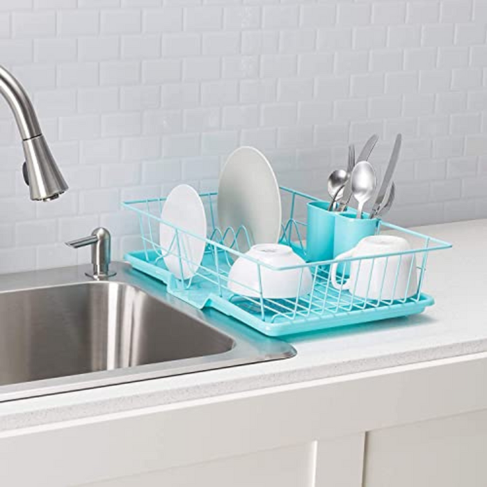 Extra Large 3 Piece Dish Rack Sink Set with Removable Drainboard & Utensil Holder - Heavy Duty Coated Wire - 19" x 12" x 5" - Turquoise