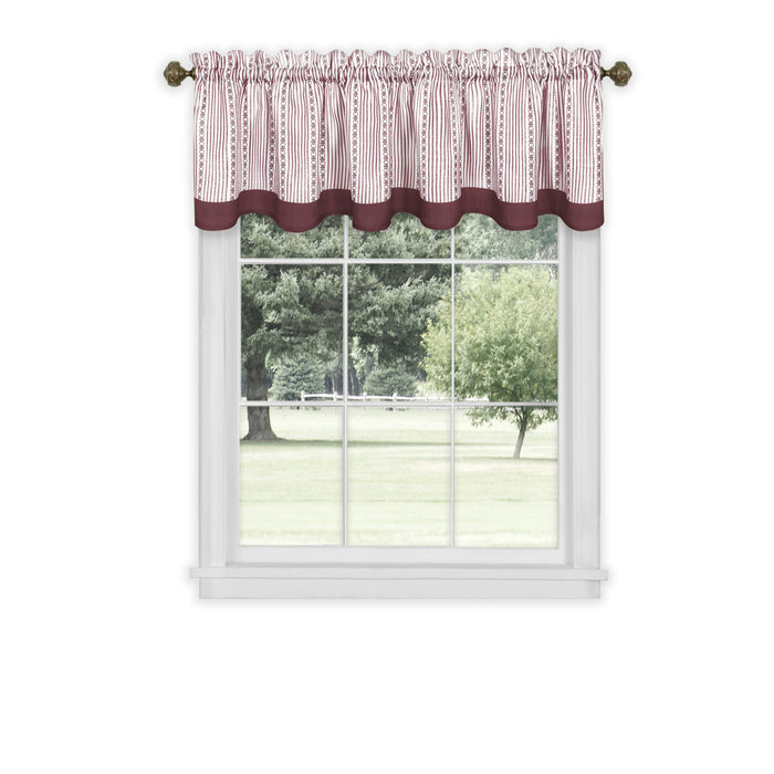 Westport Window Curtain Valance - Double Layer Scalloped Look with Pinstripes and Geometric Flower Accents