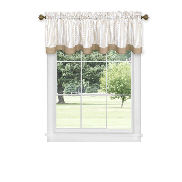 Westport Window Curtain Valance - Double Layer Scalloped Look with Pinstripes and Geometric Flower Accents