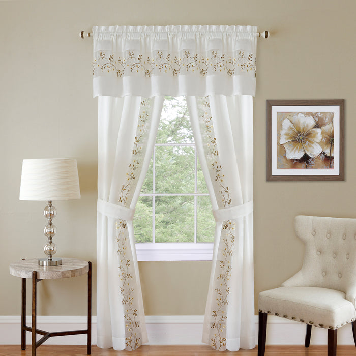 Fairfield 5 Piece Window Curtain Set with Embroidered Sheer Stripe and Attached Valance - White - 55x63