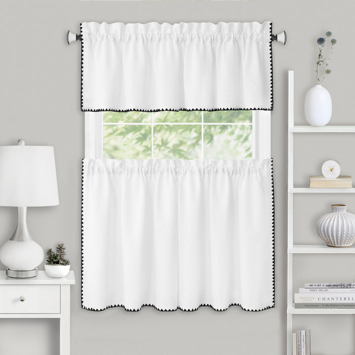 Kendal Tier and Valance Window Curtain Set - Complete Ensemble with 58-Inch Width - White/Black - 58x24