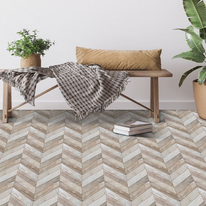 Retro Style 12x12 Self Adhesive Vinyl Floor Tile - 20 Tiles, 20 sqft - Whitewash Chevron