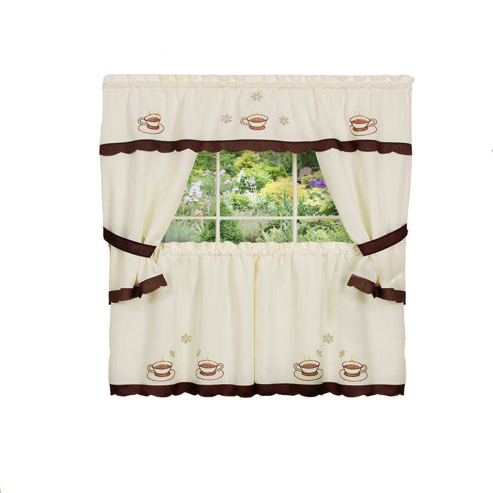 Embellished Cottage Window Curtain Set with Chefs Design, 5-Piece, Cuppa Joe Style - 58x24